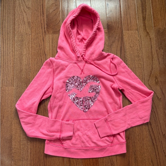Y2k Hollister pink sequined heart pull over hoodie bella swan - Picture 1 of 5
